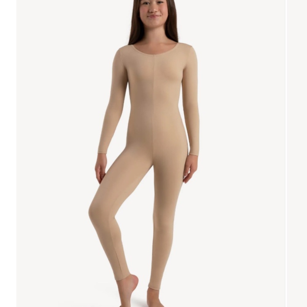 NWT Capezio nude full-body long sleeve bodysuit with scoop neck, footless